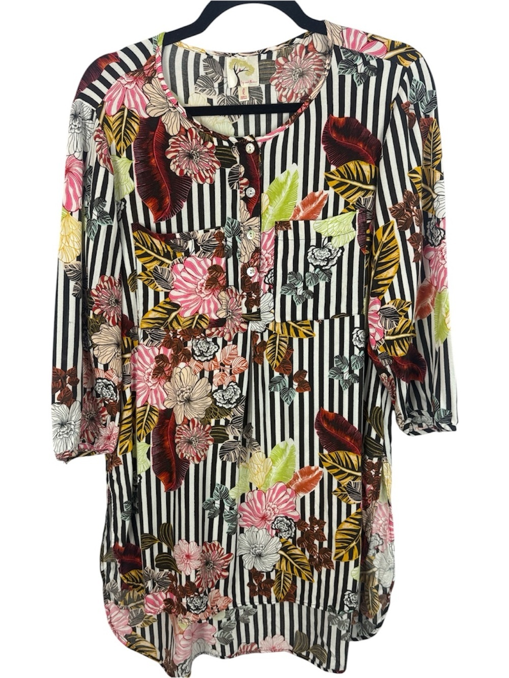 Fig & Flower Floral Stripe Mixed Print Tunic Blouse L Rayon Henley Boho